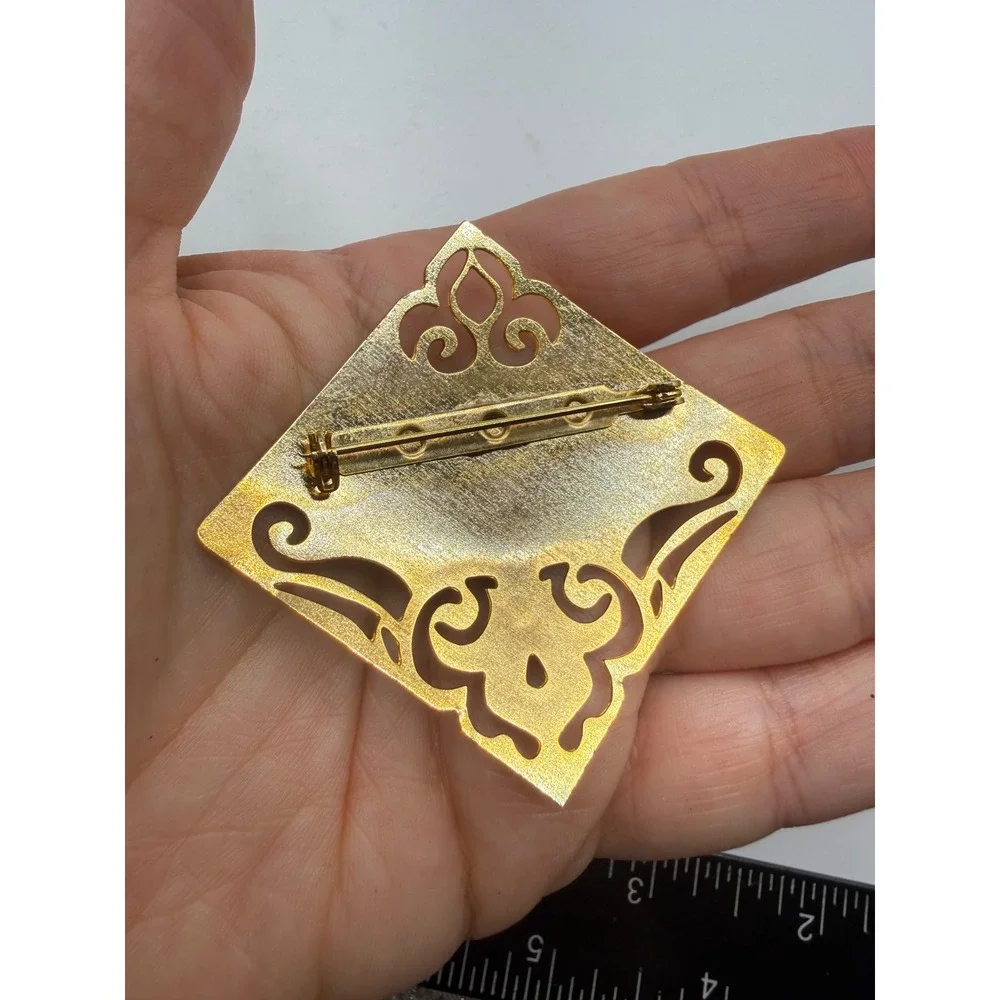 Vintage Gold Tone Enamel Filigree Diamond Brooch Purple Teal‎ Blue Swirl Pin
